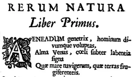 Comienzo del poema De rerum Natura de Lucrecio, donde describe el atomismo.