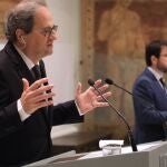 El presidente catalán, Quim Torra, y el vicepresidente del Govern, Pere Aragonès, durante la comparecencia conjunta que han realizado este martes.