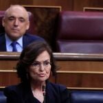 La vicepresidenta primera del Ejecutivo, Carmen Calvo, durante su intervención en la sesión de control al Gobierno que este miércoles celebra el Congreso