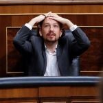 El vicepresidente segundo del Gobierno, Pablo Iglesias, durante a la última sesión de control al Gobierno en el Congreso