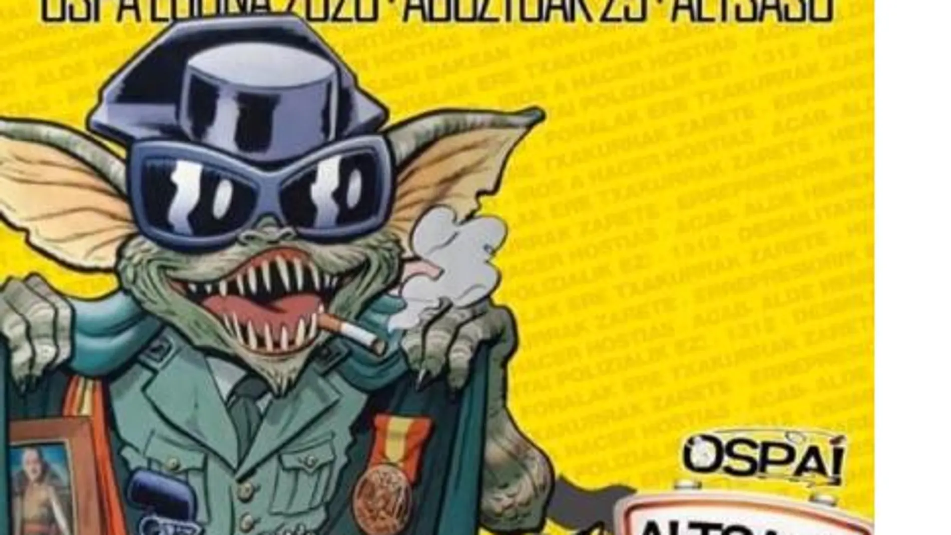 Cartel de la convocatoria de este año en el que se representa a un gremli con tricornio i los lemas "iros de aquí"