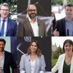 Mosaico candidatos elecciones gallegas; Alberto Núñez Feijóo (PP) Gonzalo Caballero (PSdeG), Ana Pontón (BNG), Antón Gómez-Reino (Galicia en Común), Beatriz Pino (Cs), Ricardo Morado (Vox), la razon 05/07/2020