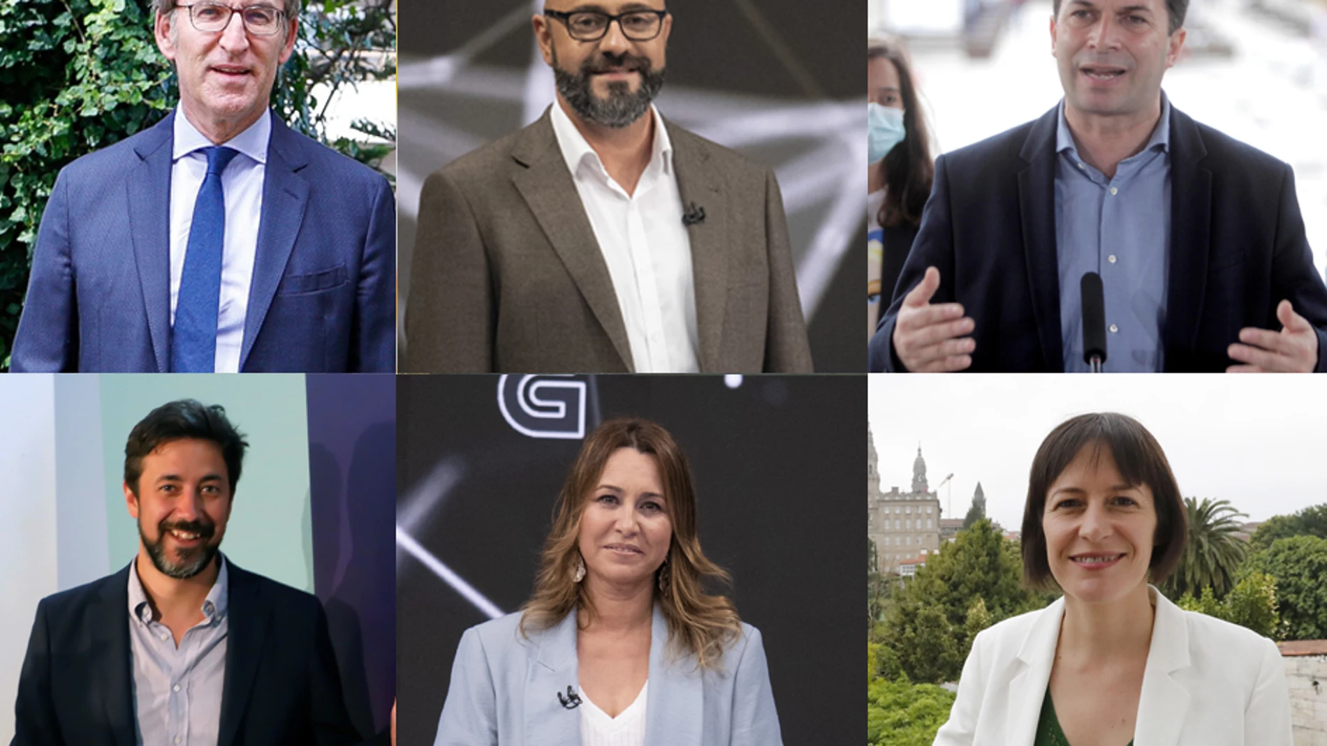 Mosaico candidatos elecciones gallegas; Alberto Núñez Feijóo (PP) Gonzalo Caballero (PSdeG), Ana Pontón (BNG), Antón Gómez-Reino (Galicia en Común), Beatriz Pino (Cs), Ricardo Morado (Vox), la razon 05/07/2020