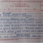 Telegrama de puño y letra de Gala a Jeff Fenholt