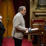 El president de la Generalitat, Quim Torra, interviene durante una sesión plenaria en la que se debate la gestión de las residencias para personas mayores y para personas con discapacidad durante la pandemia del COVID-19. David Zorrakino / Europa Press 07/07/2020