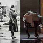 Imágenes de dos pandemias: enfermeras de la Cruz Roja en Washington durante la gripe española y un enfermero del servicio de salud murciano traslada un enfermo de Covid-19.