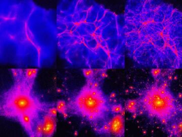 Tres simulaciones por ordenador del aspecto que deber&iacute;an tener las nubes de materia oscura si &eacute;sta es r&aacute;pida (izquierda), si es lenta (derecha) o si tiene una velocidad intermedia (centro). La fila superior muestra el aspecto que deber&iacute;an tener las nubes de materia oscura cuando el universo era joven, mientras que la inferior presenta el aspecto que tendr&iacute;an hoy en d&iacute;a, despu&eacute;s de una larga evoluci&oacute;n. Si comparamos la izquierda con la derecha observamos que la materia oscura lenta (fr&iacute;a) form...
