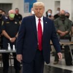 President Donald Trump tours an emergency operations center and meets with law enforcement officers at Mary D. Bradford High School, Tuesday, Sept. 1, 2020, in Kenosha, Wis. (AP Photo/Evan Vucci)