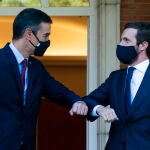 El presidente del Gobierno, Pedro Sánchez (i) y el presidente del PP, Pablo Casado, se saludan con el codo en el Palacio de Moncloa, antes del inicio de su reunión, en Madrid, el pasado día 2