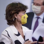 La vicepresidenta primera del Gobierno, Carmen Calvo, tras presentar la Ley de Memoria Democrática