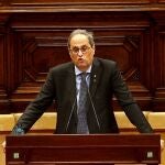 El presidente de la Generalitat, Quim Torra, durante su intervención en el debate de política general que anualmente celebra el Parlament de Cataluña, este miércoles la víspera de que el Tribunal Supremo estudie el recurso contra su inhabilitación.