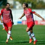 Soldado celebra el primer gol del Granada en Albania