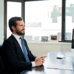 El presidente del PP, Pablo Casado durante la clausura telemática de las Jornadas de FAES "Centrados en Europa".