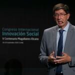 El vicepresidente de la Junta de Andalucía y consejero de Turismo, Regeneración, Justicia y Administración Local, Juan Marín, en su intervención en el Congreso Internacional de Innovación Social V Centenario Magallanes-Elcano