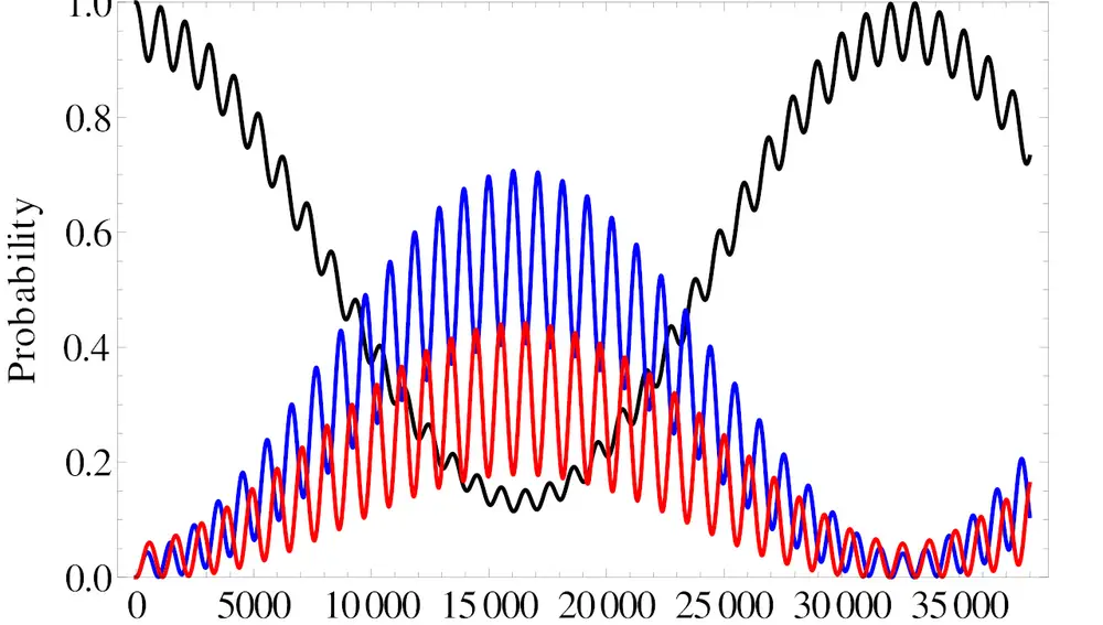 Esta gráfica muestra la probabilidad de oscilación de un neutrino que es inicialmente 100% electrónico y que se mueve en el vacío. La línea negra representa el sabor electrónico, la línea azul el sabor muónico y la línea roja el sabor tau. Como podemos ver, el comportamiento del neutrino sigue siendo fundamentalmente electrónico durante varios miles de kilómetros, después pasan a dominar los sabores muónico y tau, y más tarde se vuelve a la situación inicial. Además la oscilación depende de la energía del neutrino, de forma que neutrinos más rápidos necesitan una distancia mayor para oscilar.