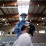 Personal sanitario de la Junta de Andalucía durante el cribado extraordinario voluntario de test rápidos de antígenos en Almodóvar del Río (Córdoba) a 342 persona debido a la situación de incidencia de COVID-19 en la zona. EFE/Rafa Alcaide