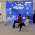 Los vicepresidentes del Gobierno, Nadia Calviño, Carmen Calvo, Pablo Iglesias y Teresa Ribera (de izq. a dcha.) presentaron las líneas básicas del Plan