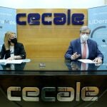 El presidente de Cecale, Santiago Aparicio, y la directora general de la Mujer de la Junta de Castilla y León, Ruth Pindado, presentan el Programa 'LiDeraMos' (Líder, Directiva y Mujer), un proyecto de empoderamiento y liderazgo en alta dirección con perspectiva de género para mujeres en empresas de Castilla y León