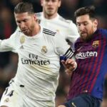 Ramos y Messi durante el último clásico en Barcelona