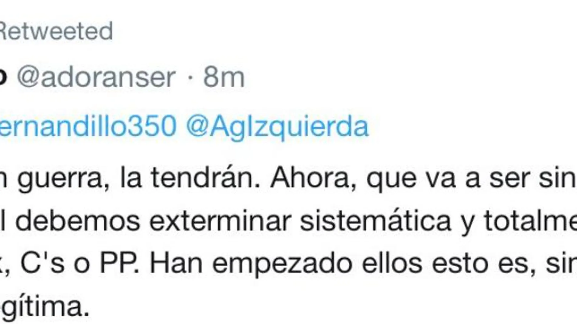 Un ex candidato al Congreso de Podemos llama a "exterminar" a los votantes de centro derecha en España