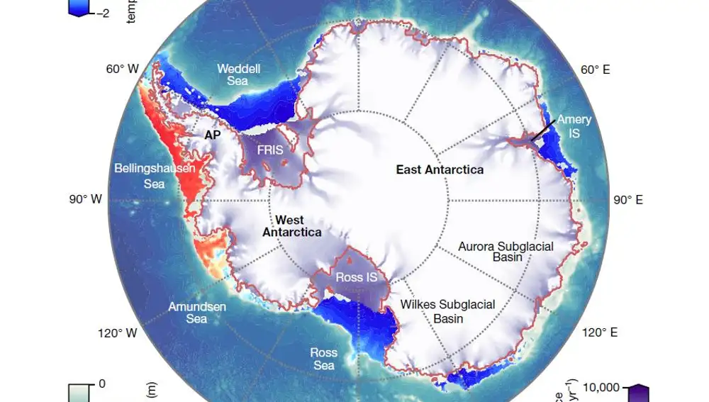 Simulación por ordenador del hielo de la Antártida cuyo objetivo es obtener la velocidad del hielo en cada punto del continente. Las velocidades vienen indicadas por una escala de color (abajo a la derecha) que varía entre diez metros al año (blanco) y diez kilómetros al año (violeta). Como cabría esperar, la simulación obtiene las velocidades más altas en las plataformas de Ross y Filchner-Ronne, que se mueven sobre el océano. También son notables las velocidades en la costa occidental, que es bastante escarpada y a lo largo de la cuenca que conduce a la plataforma de Amery, en la costa oriental. El mapa también muestra la temperatura del océano cerca de la costa (escala arriba a la izquierda) y la profundidad oceánica (escala abajo a la izquierda).
