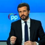 El presidente del Partido Popular, Pablo Casado, ofrece una rueda de prensa tras la reunión del Comité de Dirección, este lunes en la sede del partido.