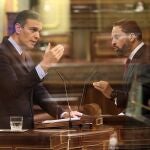 El presidente del Gobierno, Pedro Sánchez, y el líder de VOX, Santiago Abascal, durante su intervención en el pleno