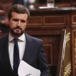 El presidente del PP, Pablo Casado, tras su intervención durante la segunda sesión del pleno en el que se debate la moción de censura planteada por Vox, en el Congreso de los Diputados, Madrid.