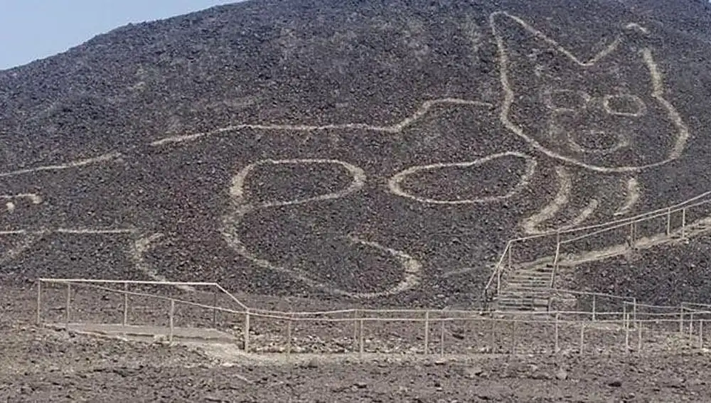 Nueva figura con forma de gato en las pampas de Nazca, Perú