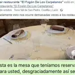 El restaurante envió una foto con su mesa vacía al cliente que no se presentó