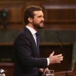 El líder del PP, Pablo Casado, interviene durante una sesión plenaria en la que el Gobierno solicita al Congreso la prórroga del estado de alarma debido a la crisis sanitaria del Covid-19, e