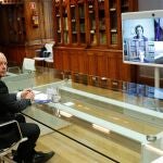 MADRID, 29/10/2020.- El ministro de Justicia, Juan Carlos Campo, durante la reuni�n por videdo conferencia con los abogados del Estado que reclamaron ante la justicia gallega el Pazo de Meir�s para el Estado,hoy en Madrid. EFE/ Chema Moya