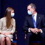Spain's Crown Princess Leonor (L) and King Felipe VI during the delivery of Princess of Asturias Awards 2020, in Oviedo, on Friday 16 October 2020.