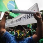 -FOTODELDÍA- AME4968. SAO PAULO (BRASIL), 01/11/2020.- Seguidores del presidente de Brasil Jair Bolsonaro participan en un manifestación en contra de la posible obligatoriedad de la vacuna contra el coronavirus hoy, en la avenida Paulista en Sao Paulo )Brasil). EFE/FERNANDO BIZERRA
