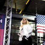 Lady Gaga takes the stage to perform during a drive-in campaign event for Democratic presidential candidate and former Vice President Joe Biden in the parking lot outside of Heinz Field on Pittsburgh's North Shore, Monday, Nov. 2, 2020. (Alexandra Wimley/Pittsburgh Post-Gazette via AP)