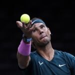 Spain's Rafael Nadal serves the ball to Germany's Alexander Zverev during their semi-final game of the Paris Masters tennis tournament in Paris, Saturday, Nov. 7, 2020. (AP Photo/Thibault Camus)
