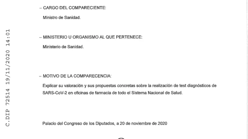 Petición de comparecencia de Salvador Illa presentada ayer en el Congreso de los Diputados por el Grupo Popular