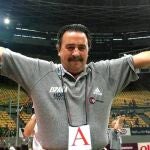 Spain's handball coach Juan de Dios Roman Seco celebrates after the Spain vs. France match, at the Men's World Handball Championship in Cairo, Egypt, on Friday, June 11, 1999. Spain won the match 23-18. (AP Photo/Christof Stache)