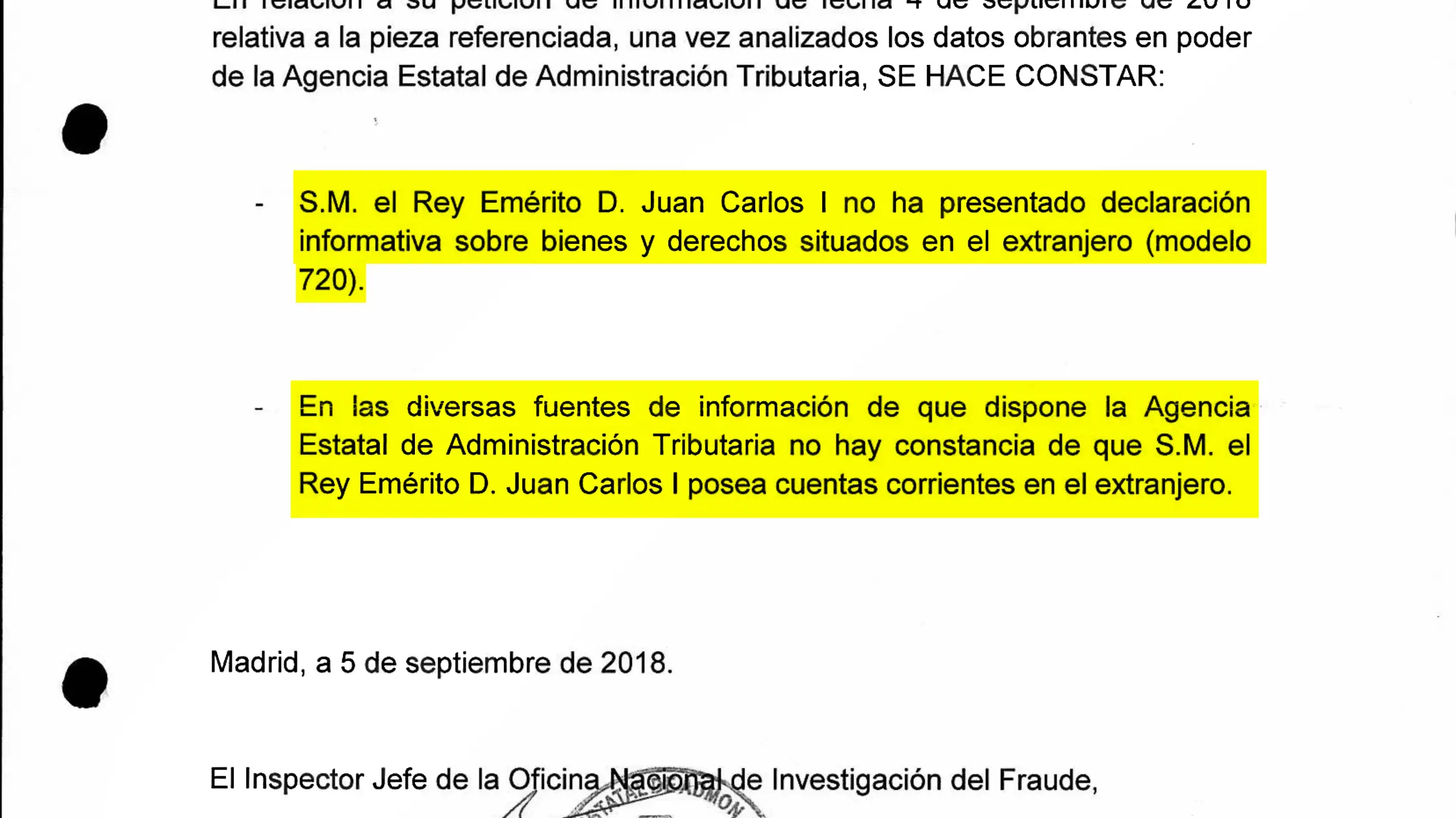 Documentos de Anticorrupción y Hacienda avisando al Rey