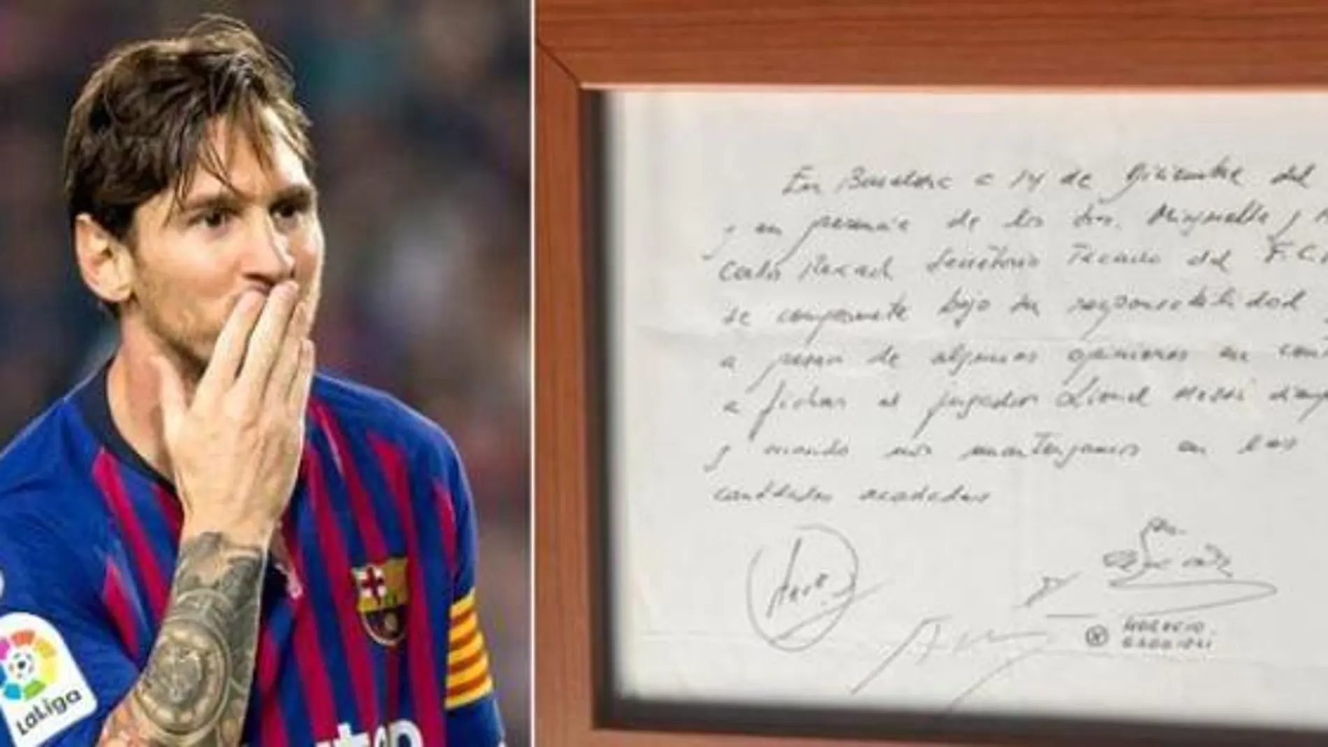 Messi junto la servilleta que le unió al FC Barcelona