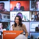 La presidenta de Ciudadanos, Inés Arrimadas, durante su intervención tras la reunión ordinaria del Consejo General de la formación naranja.
