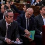 Junqueras, Romeva y Forn (de izda. a dcha.) y el resto de condenados, durante el juicio del "procés" en el Tribunal Supremo