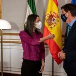 El vicepresidente de la Junta de Andalucía, Juan Marín, y la presidenta de Ciudadanos, Inés Arrimadas, conversan poco antes de la reunión que la líder de la formación naranja ha mantenida con el presidente andaluz, Juanma Moreno, en el Palacio de San Telmo, sede del Ejecutivo andaluz en Sevilla. EFE/Julio Muñoz