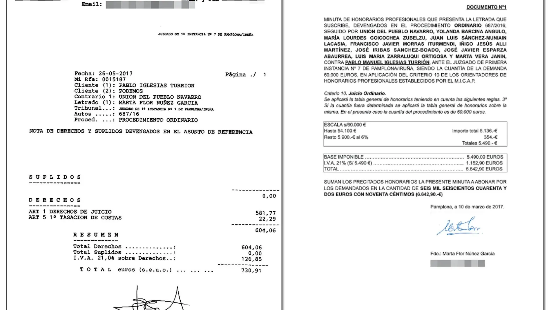 Las costas que atribuyen a Iglesias. La abogada Marta Flor Núñez firmó una minuta de 6.642 euros por defender al ahora vicepresidente.