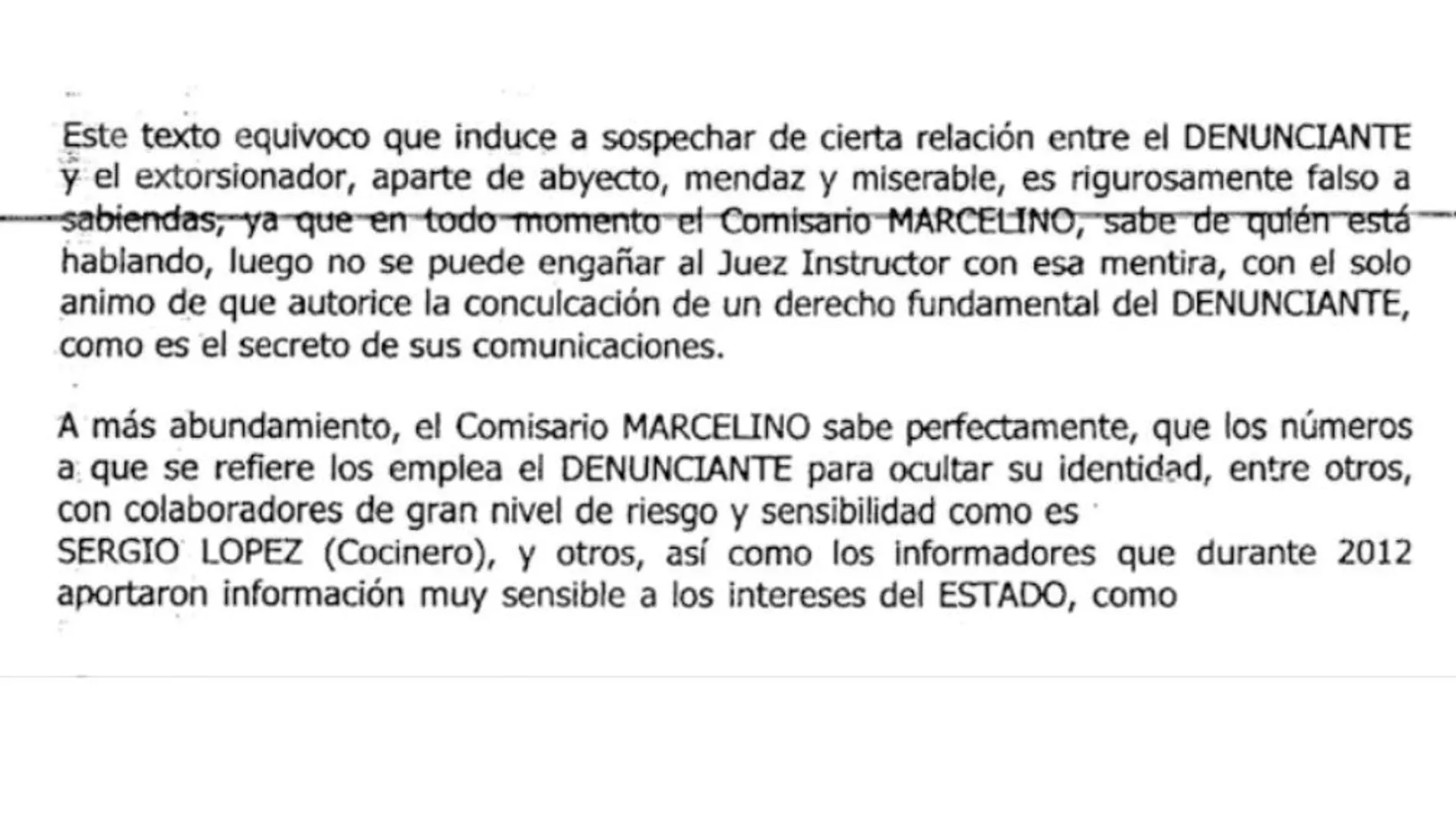 Extracto de la denuncia de Villarejo ante Eugenio Pino en la que le advierte de que usó los teléfonos que quería analizar Asuntos Internos en el caso Varma para el espionaje a Bárcenas