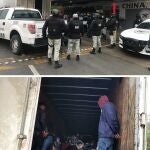 Combo de fotografías cedidas hoy, por la Guardia Nacional, donde se observa a 108 migrantes centroamericanos, interceptados en el municipio de General Bravo, estado de Nuevo León, (México).