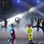 Anuel AA, left, and Ozuna perform at Premio Lo Nuestro at American Airlines Arena, Tuesday, Feb. 16, 2021, in Miami. The award show airs on Feb. 18 with both live and prerecorded segments. (AP Photo/Lynne Sladky)