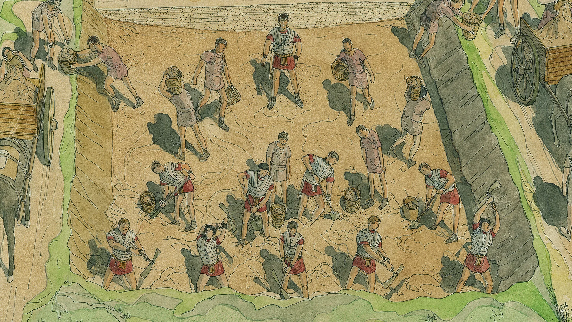 Proceso de construcción de una calzada romana, ilustración de Jean-Claude Golvin en «La ingeniería del Ejército romano»