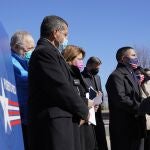 Rep. Darren Soto, D-Fla., right, speaks during a news conference on Puerto Rican statehood on Capitol Hill in Washington, Tuesday, March 2, 2021. (AP Photo/Patrick Semansky)
