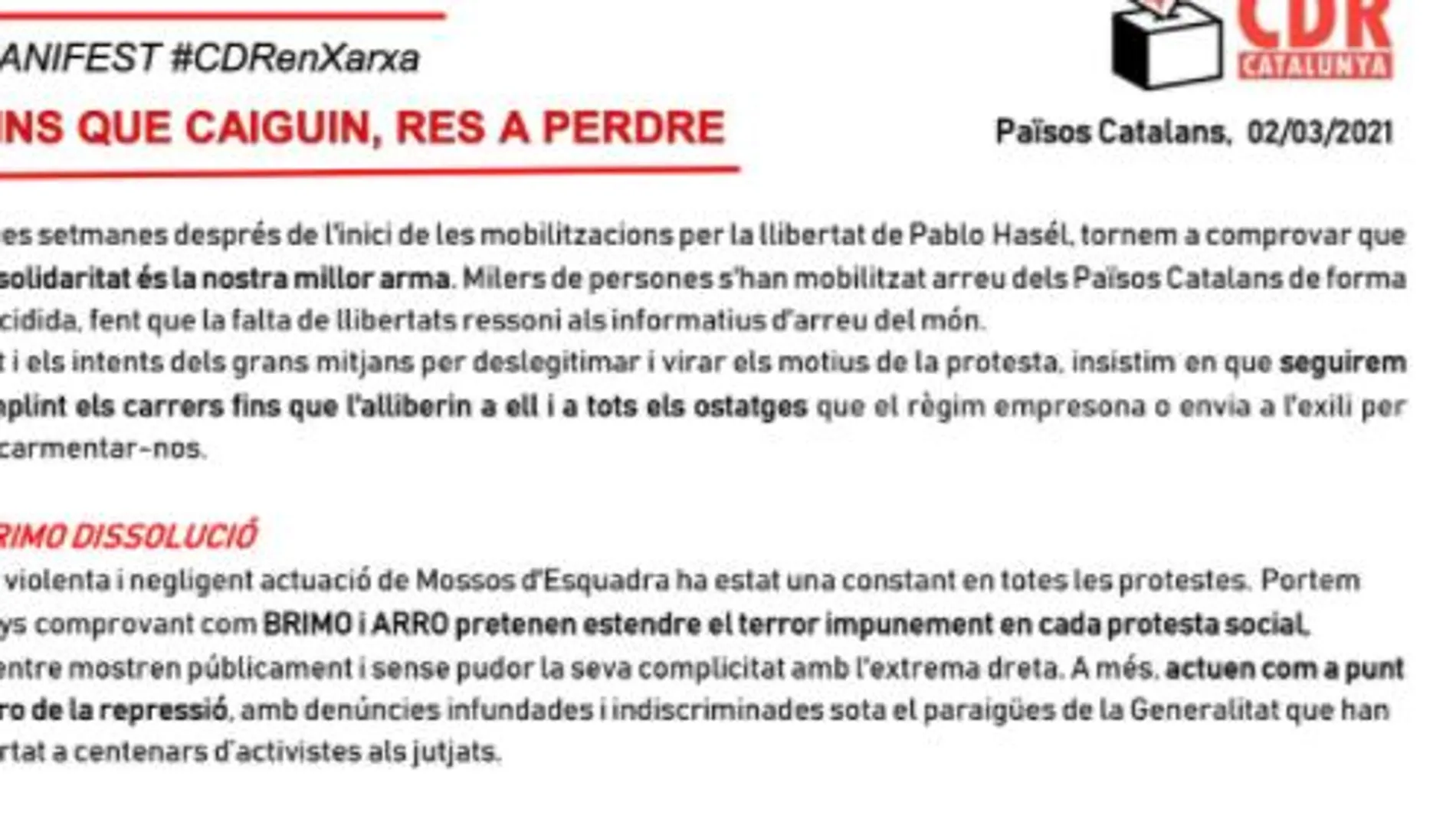 Comunicado de los CDR en el que se pide la disolución de los antidisturbios de los Mossos